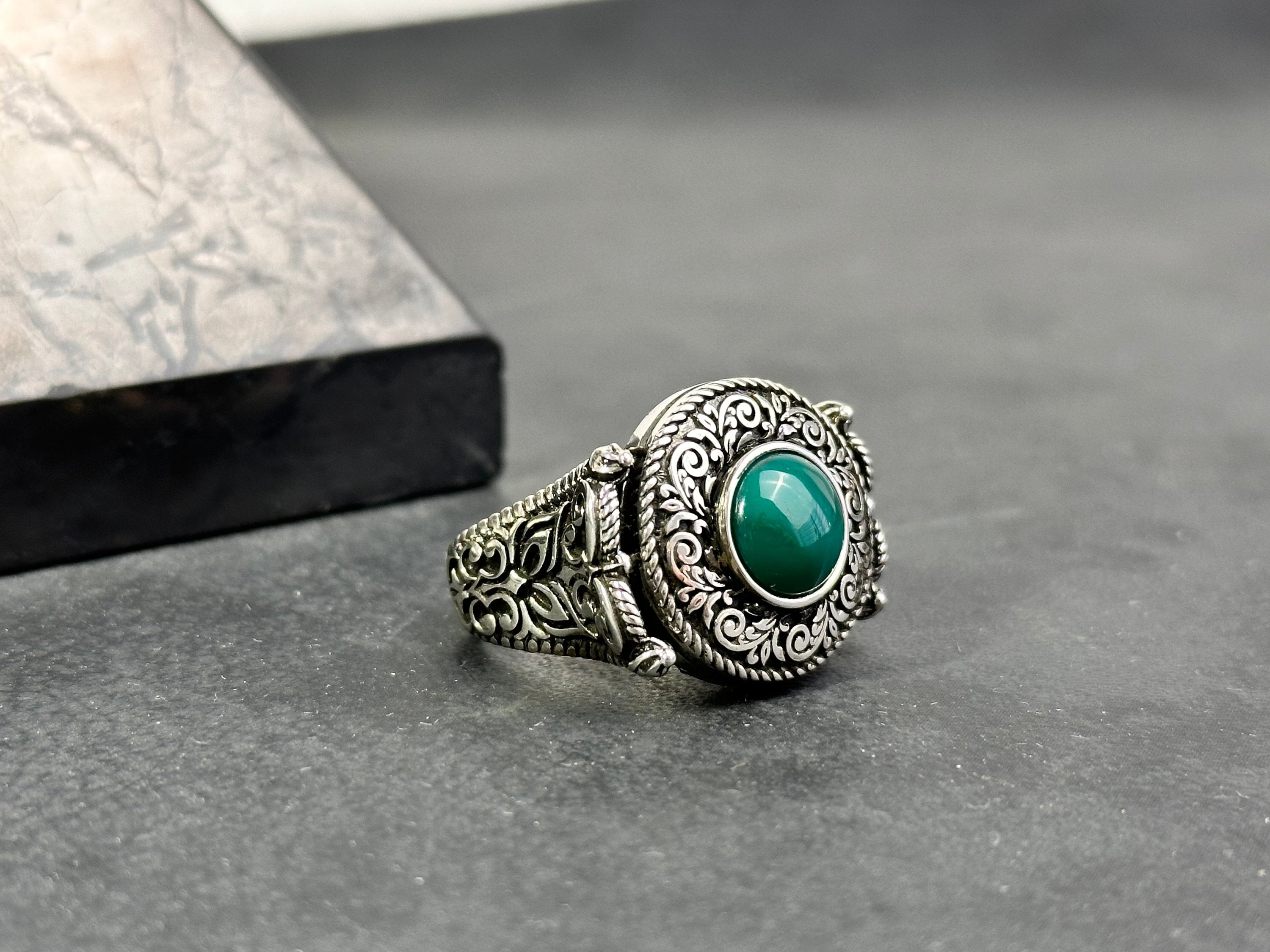 Men's Agate Ring: Cushion Green Stone - Handmade Sterling Silver
