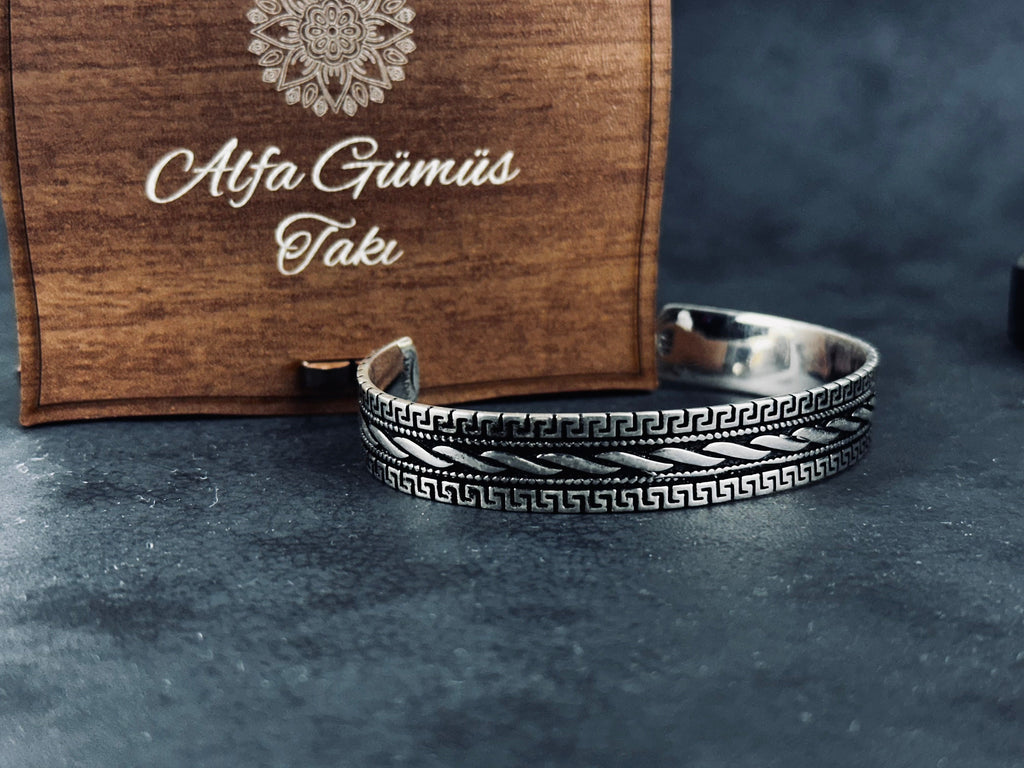 Greek Sterling Silver Cuff Bracelet, Handmade Adjustable (Unisex)