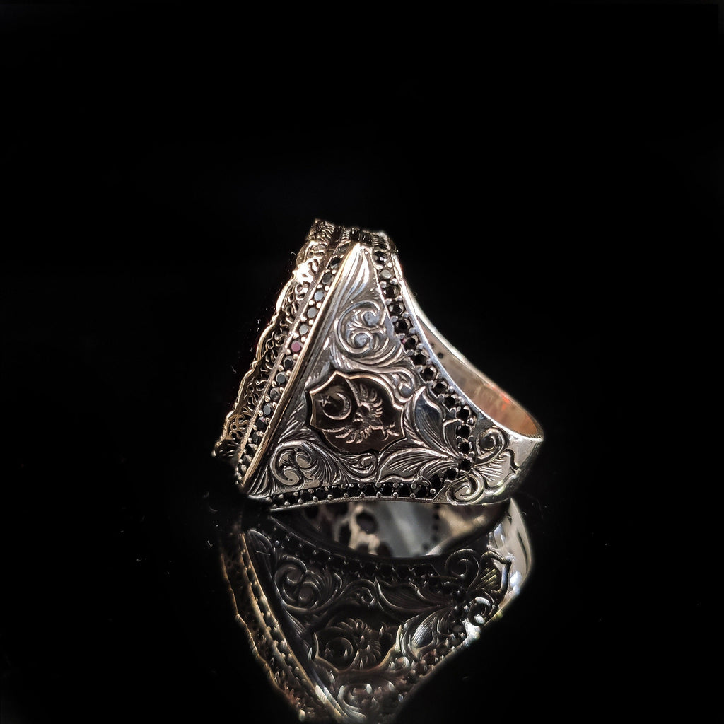 Red Zircon Men's Ring: Handmade 925 Sterling Silver Statement