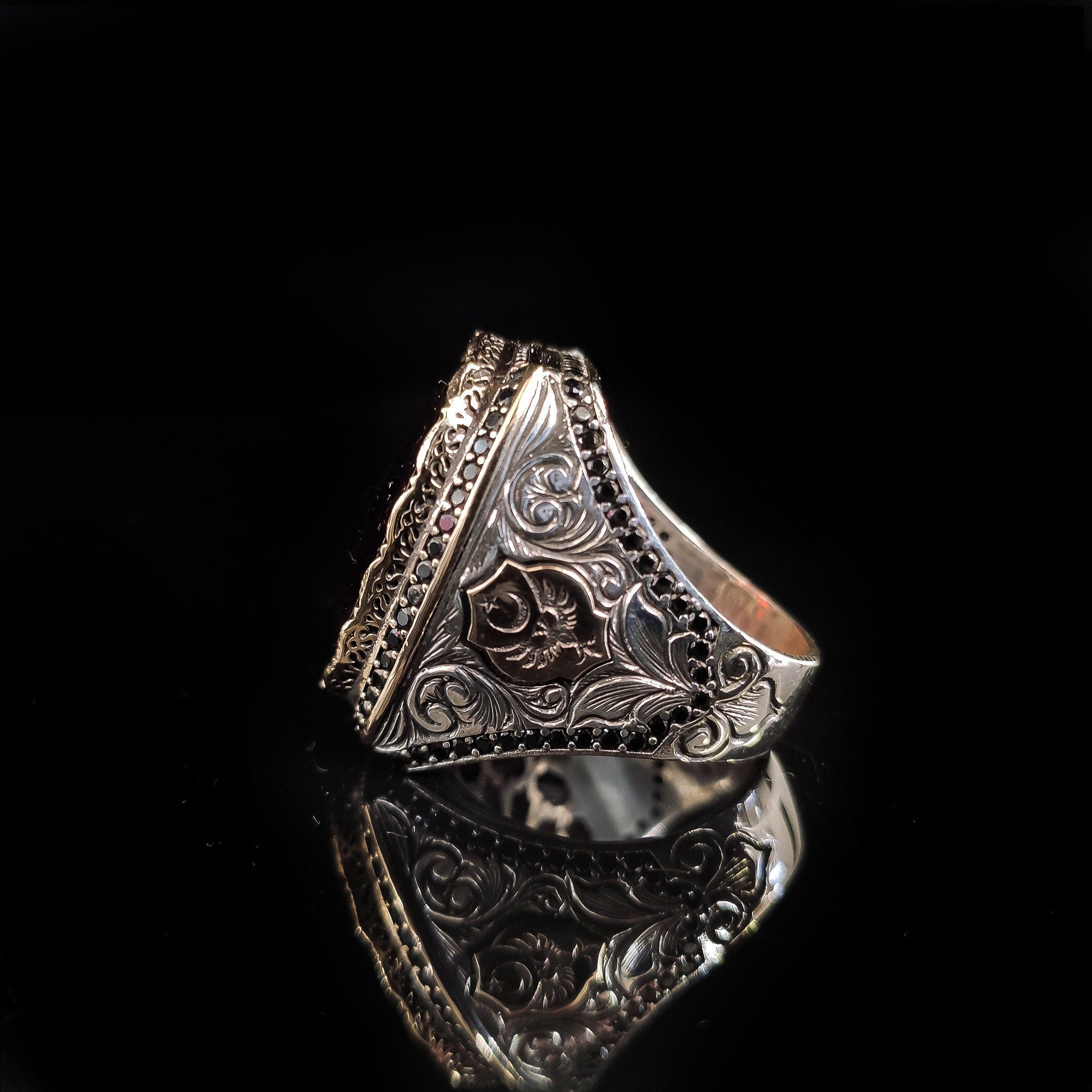 Red Zircon Men's Ring: Handmade 925 Sterling Silver Statement