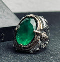 Green Tourmaline Men's Silver Ring - Large Lion Head Design