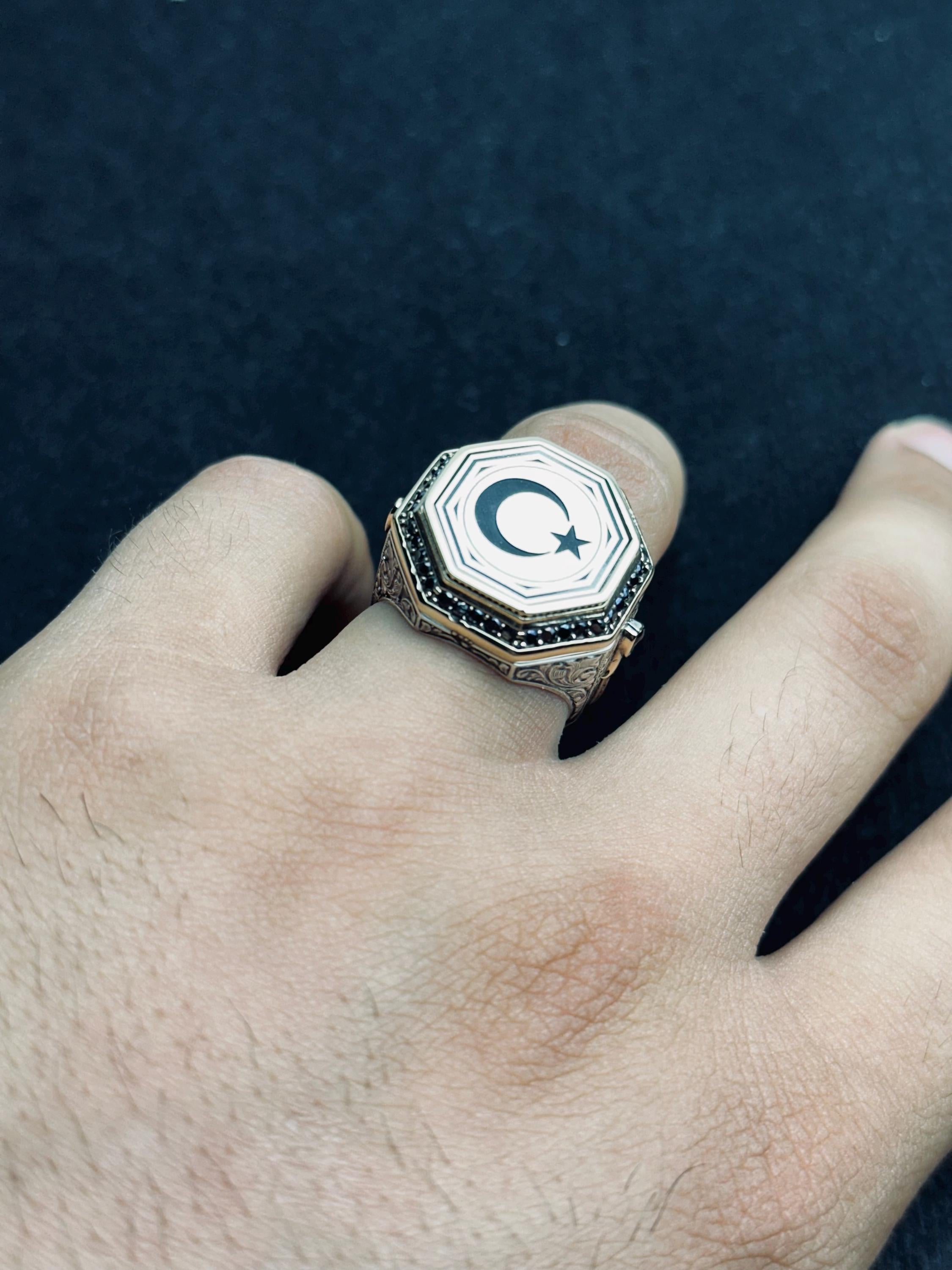 Turkish Silver Crescent-Star Ring, Ottoman Embossed (Handmade 925 Sterling)
