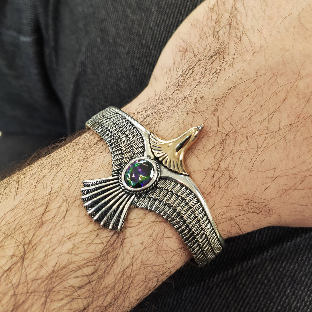 Sterling Silver Eagle Cuff Bracelet, Mystic Topaz Stone (Handmade)