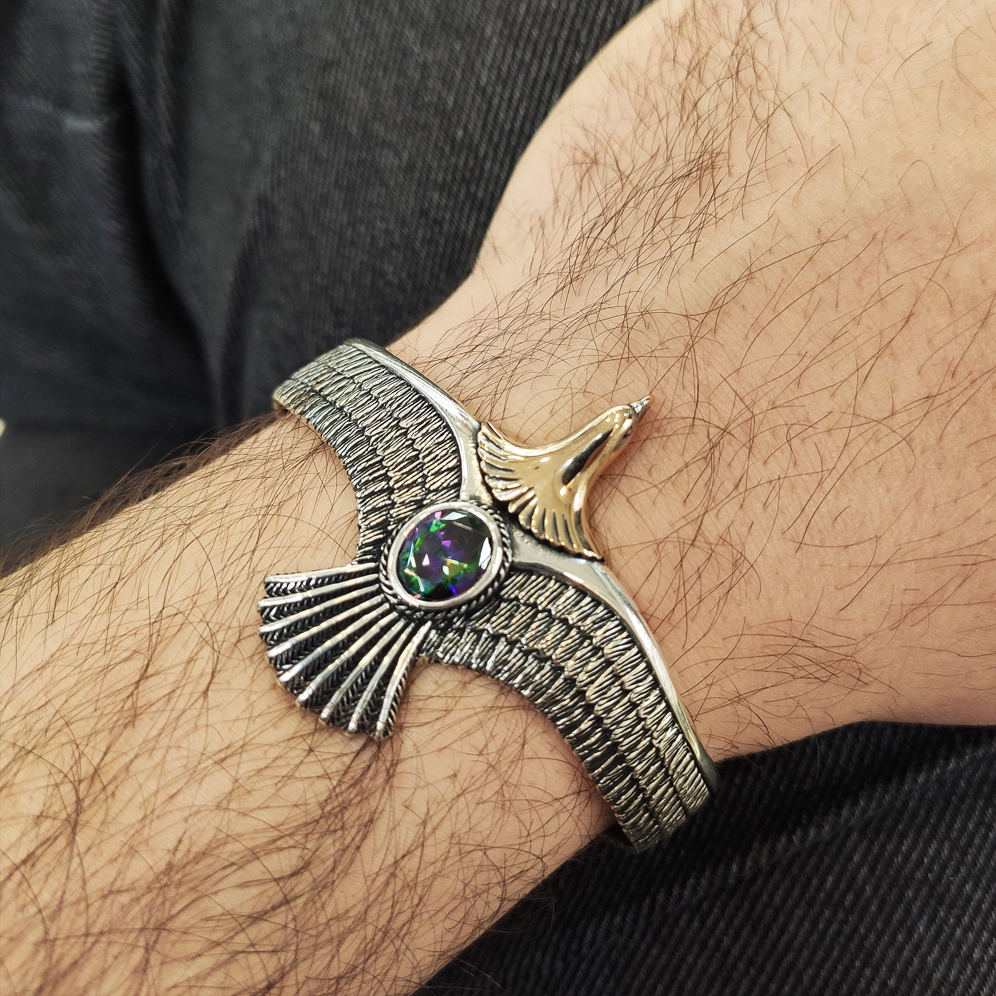Sterling Silver Eagle Cuff Bracelet, Mystic Topaz Stone (Handmade)
