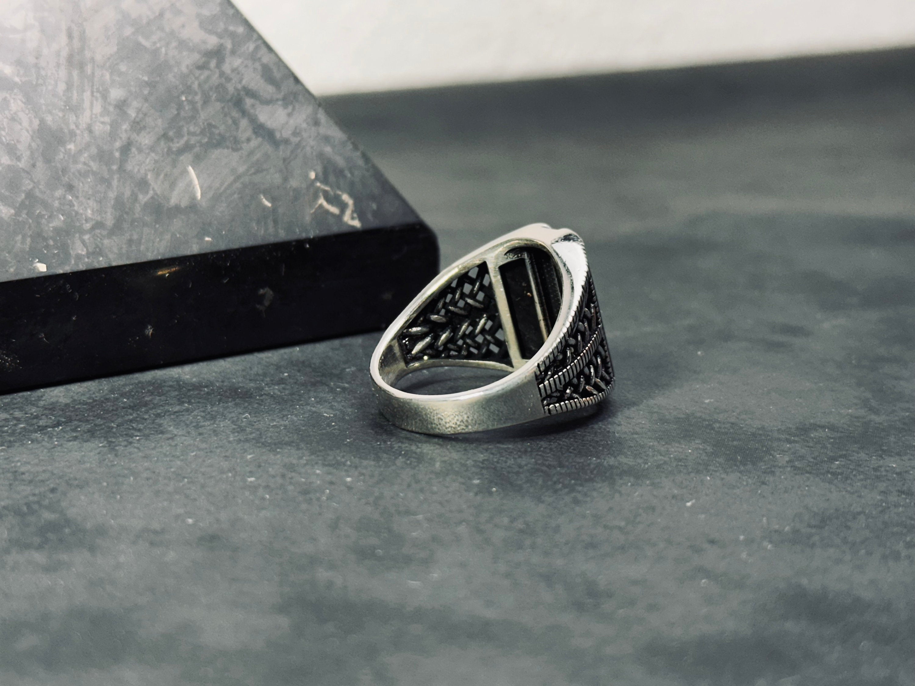 Onyx Ring: Minimalist Sterling Silver (Engraved, Handmade)