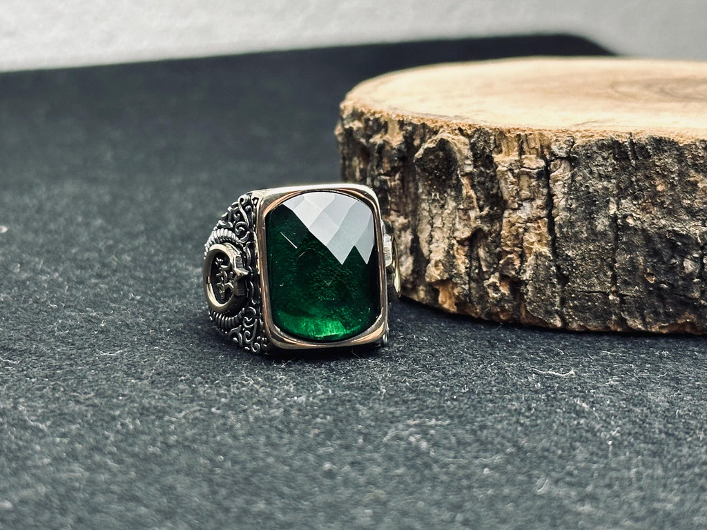 Colombian Emerald Ring for Men: Square Cut, Moon & Star Design