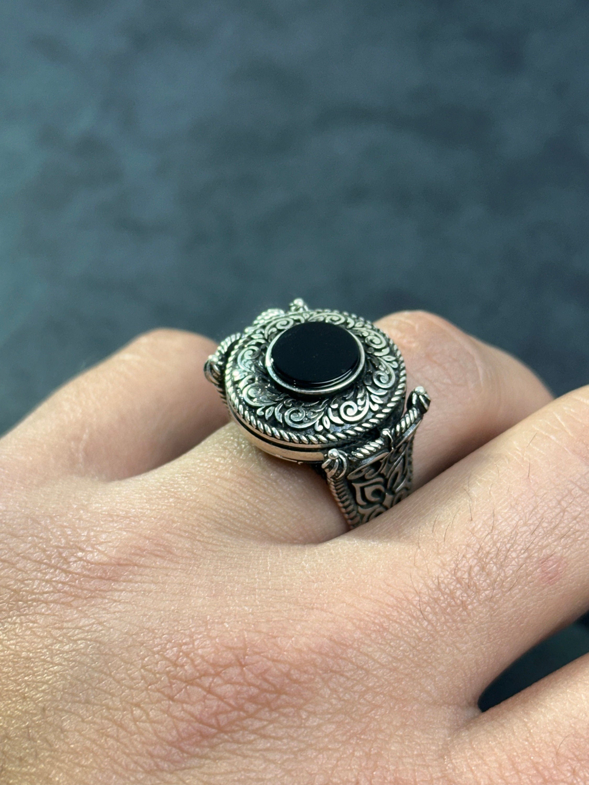 Engraved Greek Onyx Ring: Sterling Silver Flat Black Stone