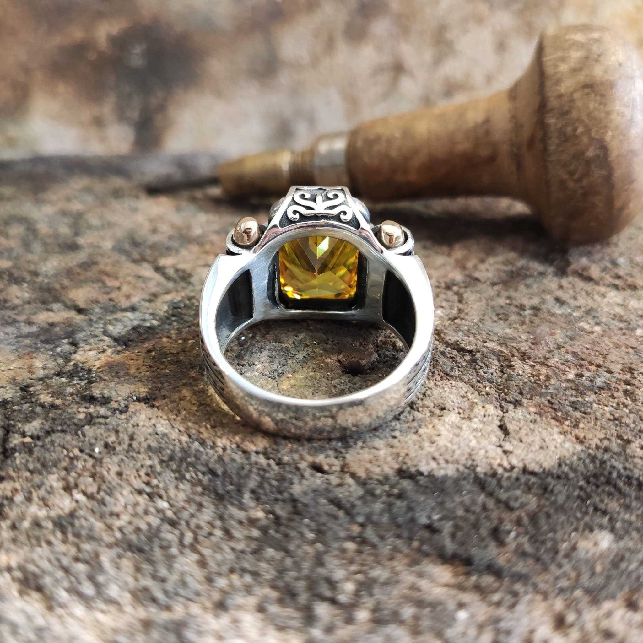 Citrine Zircon Sterling Silver Ring: Handmade Turkish Men's Jewelry