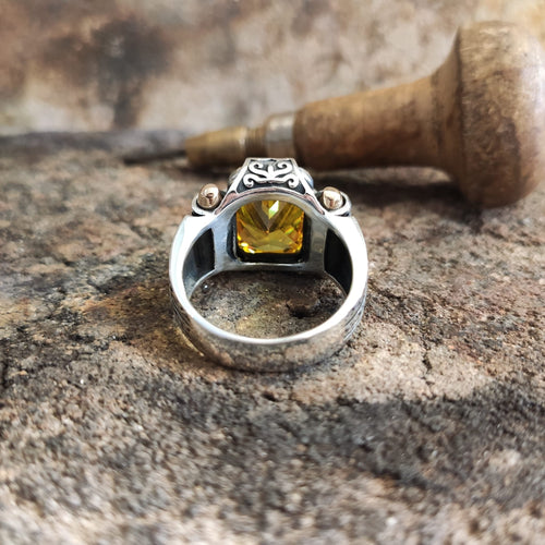 Citrine Zircon Sterling Silver Ring: Handmade Turkish Men's Jewelry