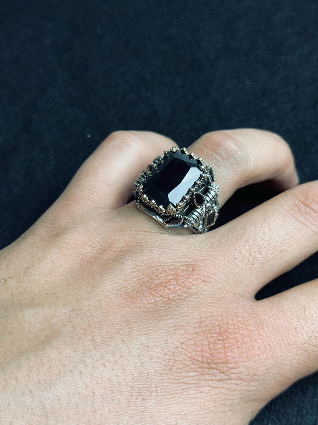 Men's Statement Ring: Black Zircon Square - 925 Sterling Silver