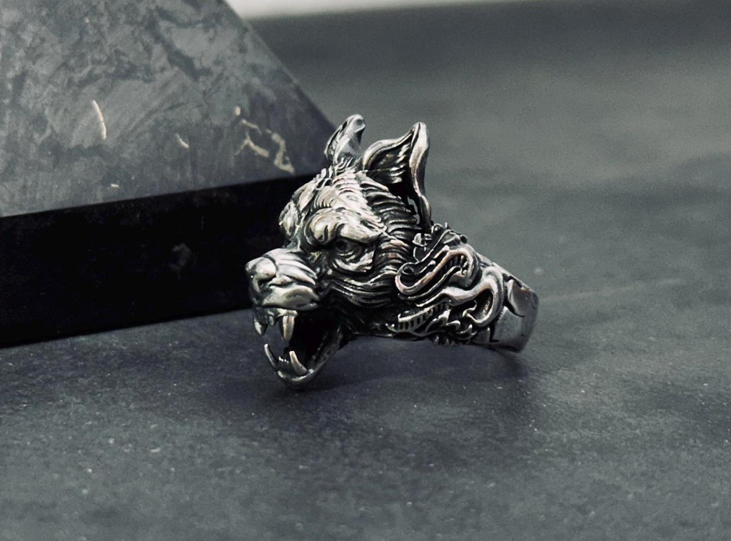Wolf Head Ring: Gothic Sterling Silver (Handmade, Gift Box)