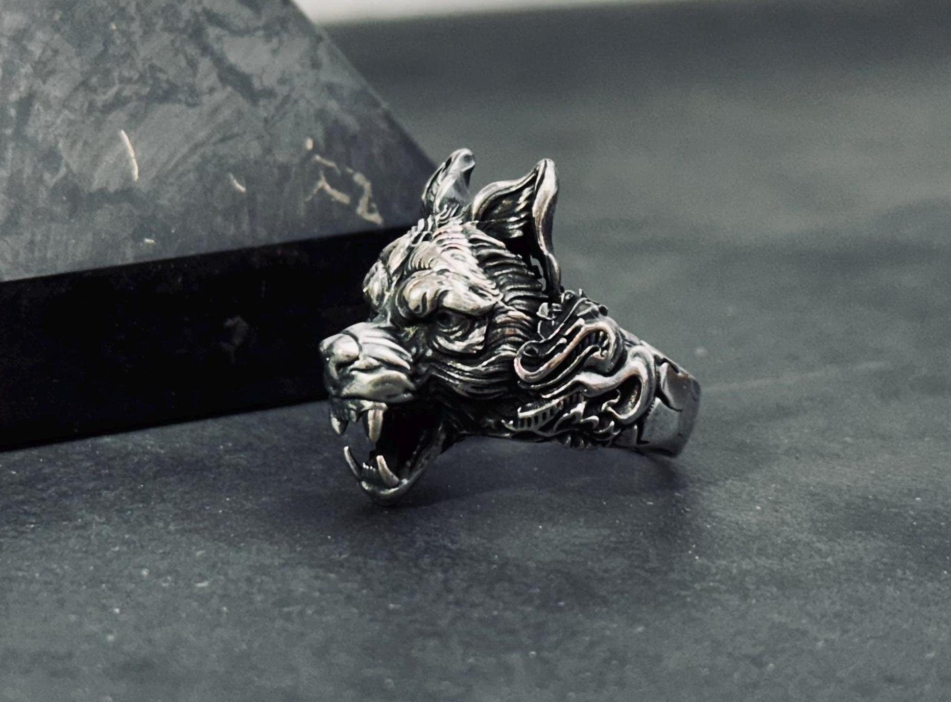 Wolf Head Ring: Gothic Sterling Silver (Handmade, Gift Box)