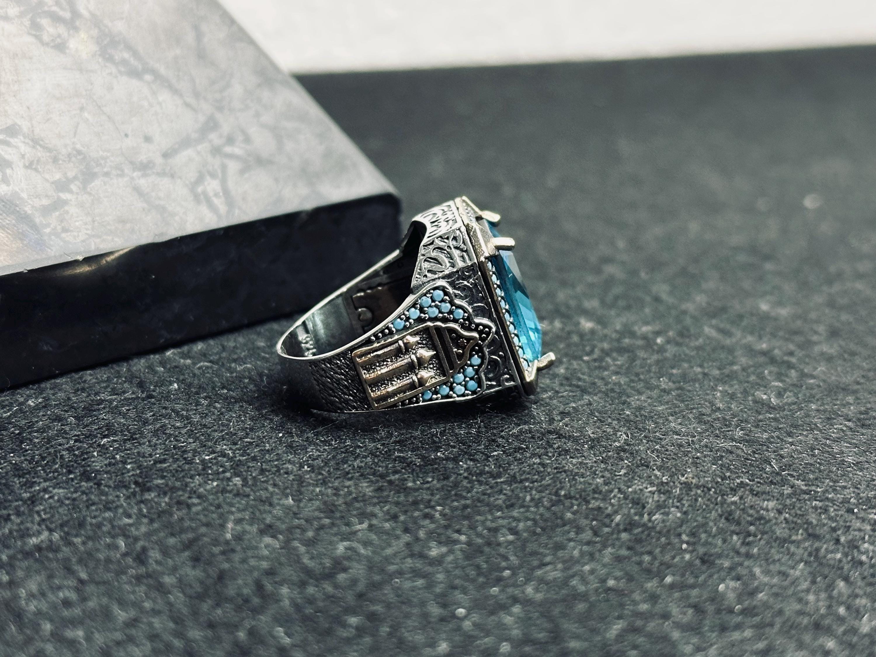 Aquamarine Ring: Men's Sterling Silver Square Cut (Handmade Turkish)