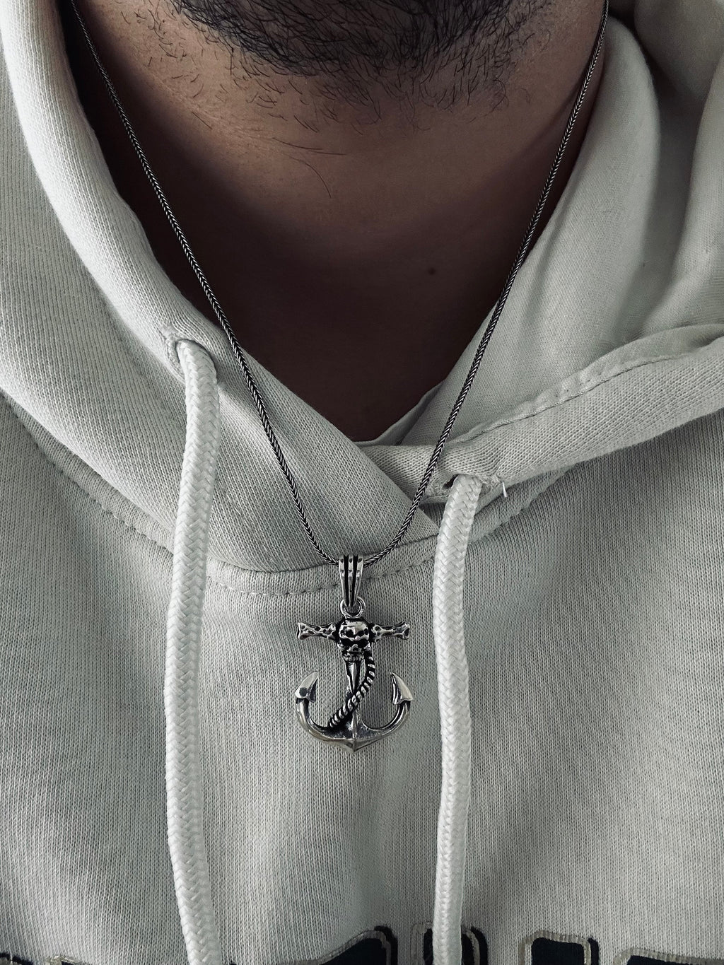 Nautical Silver Necklace, Skull and Anchor Pendant (Adjustable Chain)