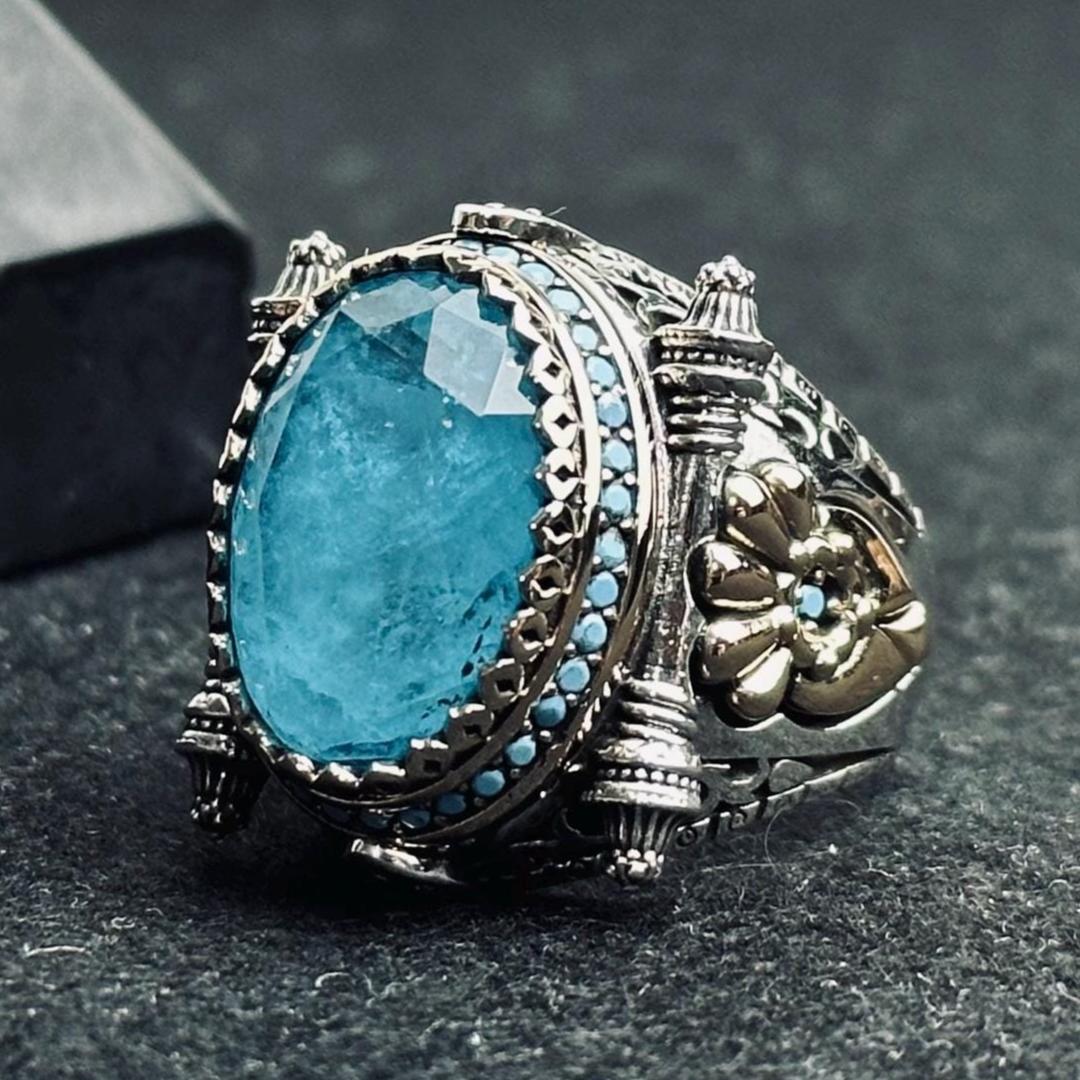 Aquamarine Signet Ring - Oval Blue Stone in Sterling Silver