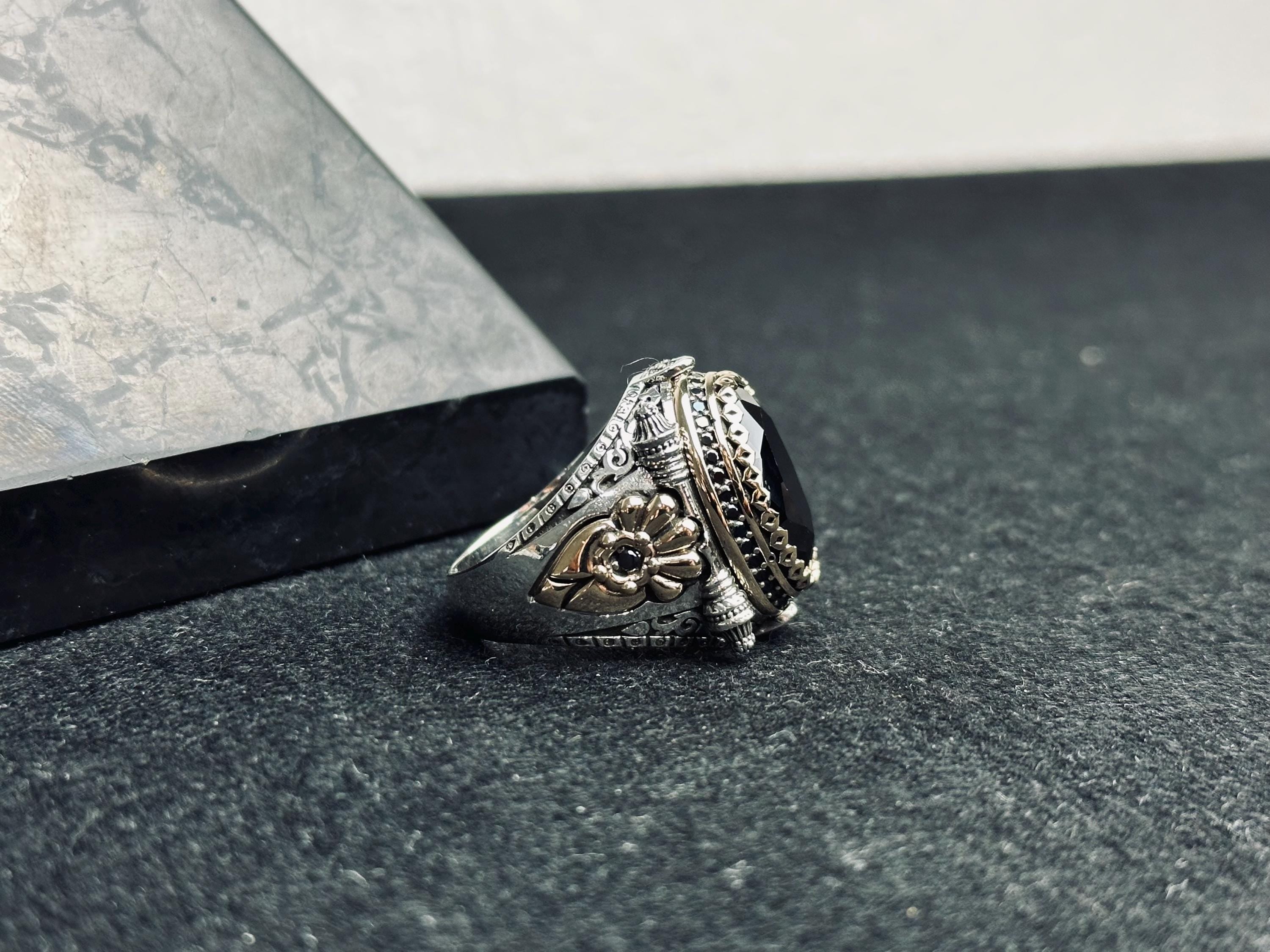 Men's Statement Silver Ring - Black Zircon, Ottoman Style