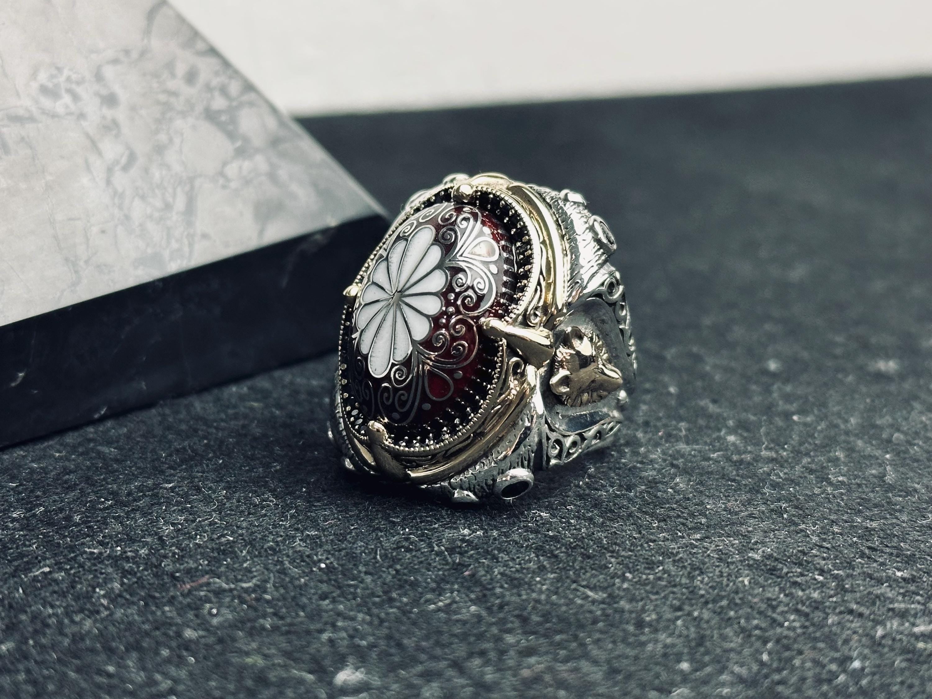 Red Enamel Ottoman Ring, 925 Sterling Silver, Turkish Jewelry