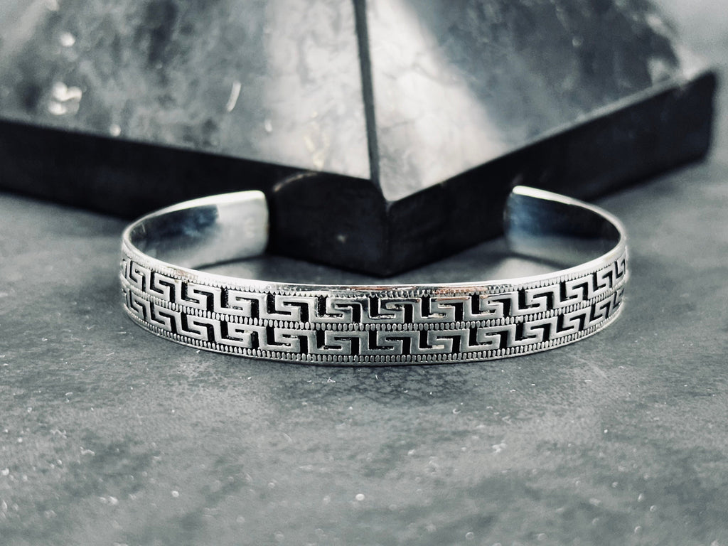 Sterling Silver Greek Key Bracelet - Handmade Unisex Cuff