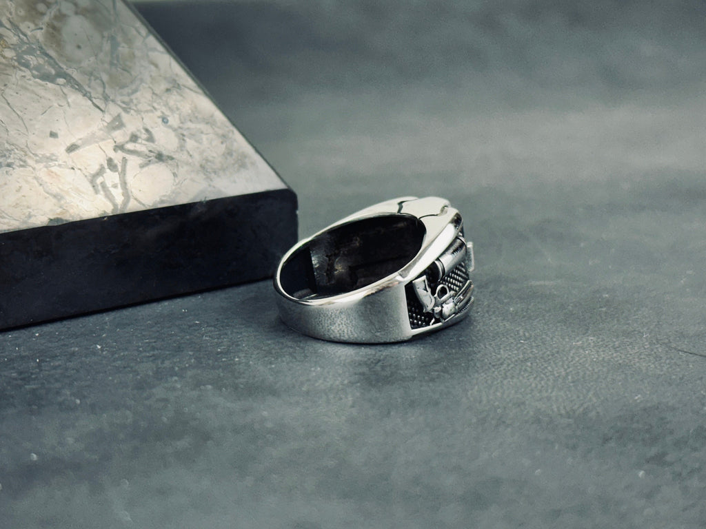 Men's Sterling Silver Bullet Ring, Revolver Engraving (Bold Statement)