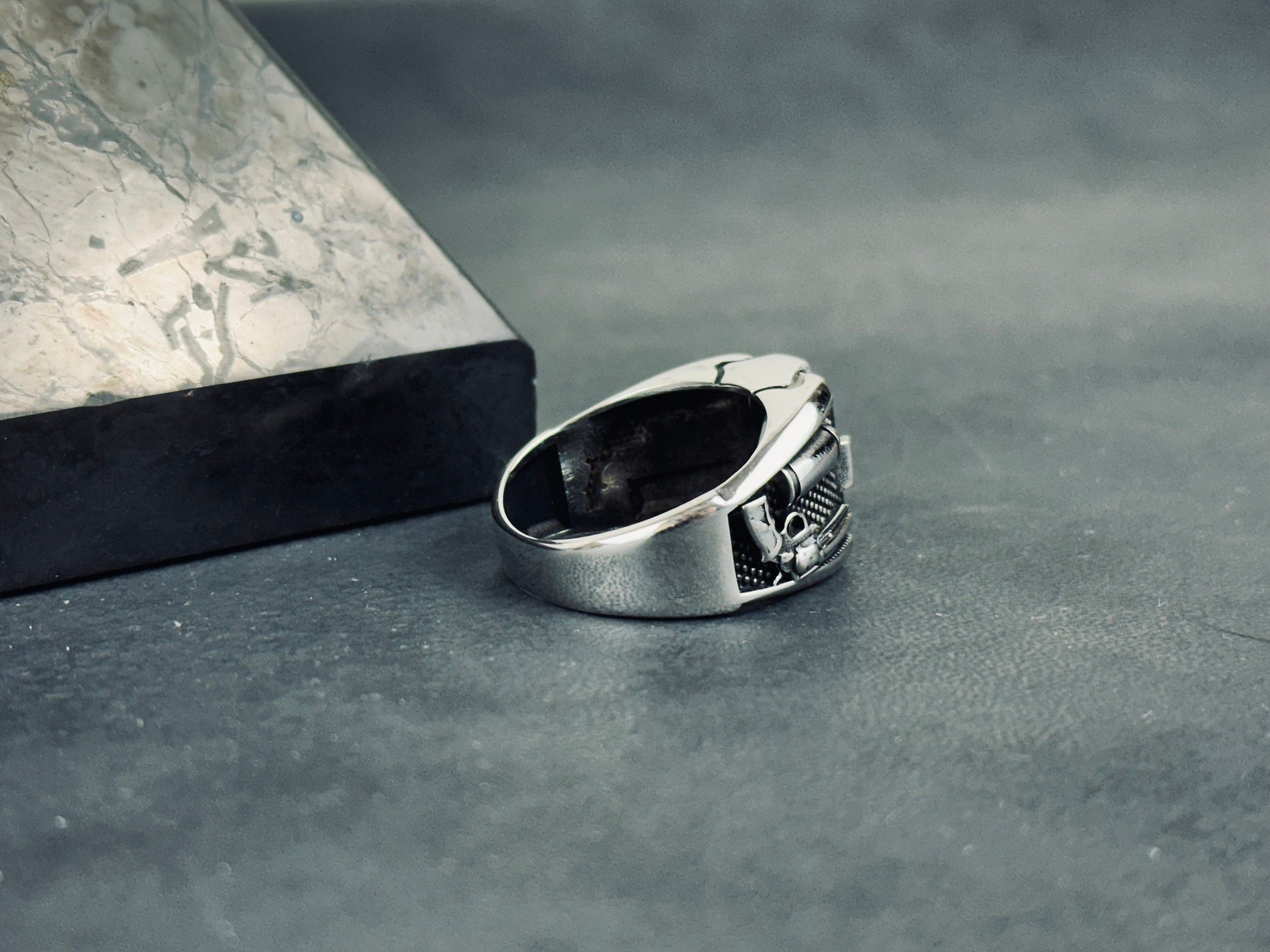 Men's Sterling Silver Bullet Ring, Revolver Engraving (Bold Statement)