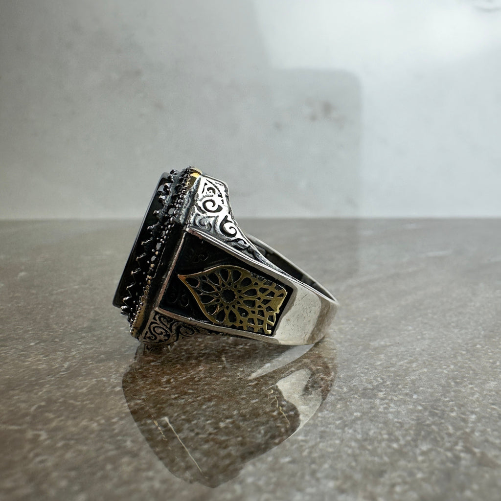 Onyx Gemstone Ring: Sterling Silver Men's Jewelry (Hand Engraved)