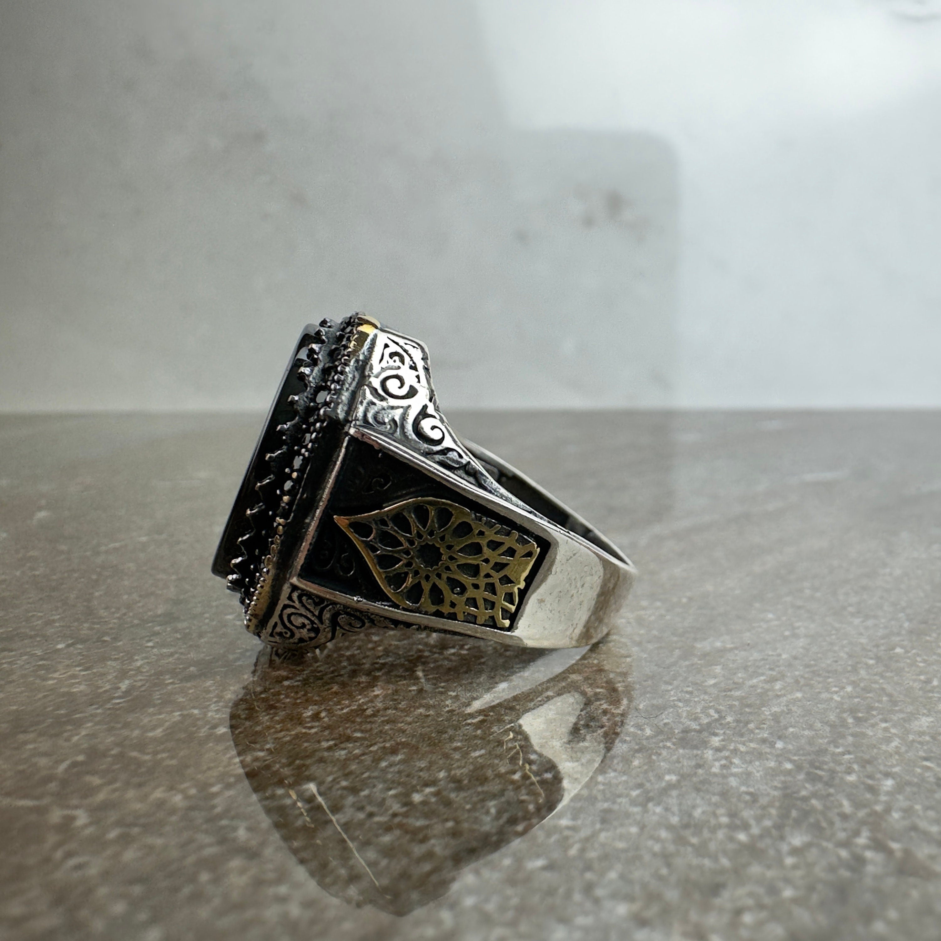 Onyx Gemstone Ring: Sterling Silver Men's Jewelry (Hand Engraved)