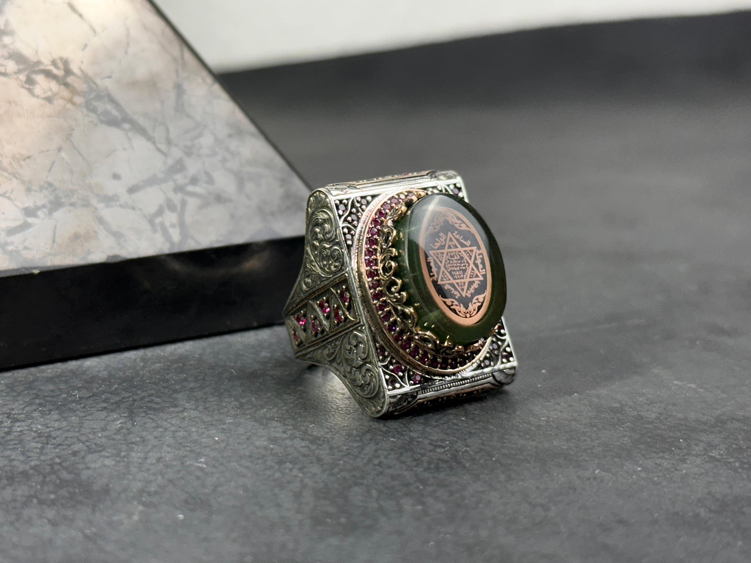 Green Amber Solomon Ring: Sterling Silver, Big Men's Signet