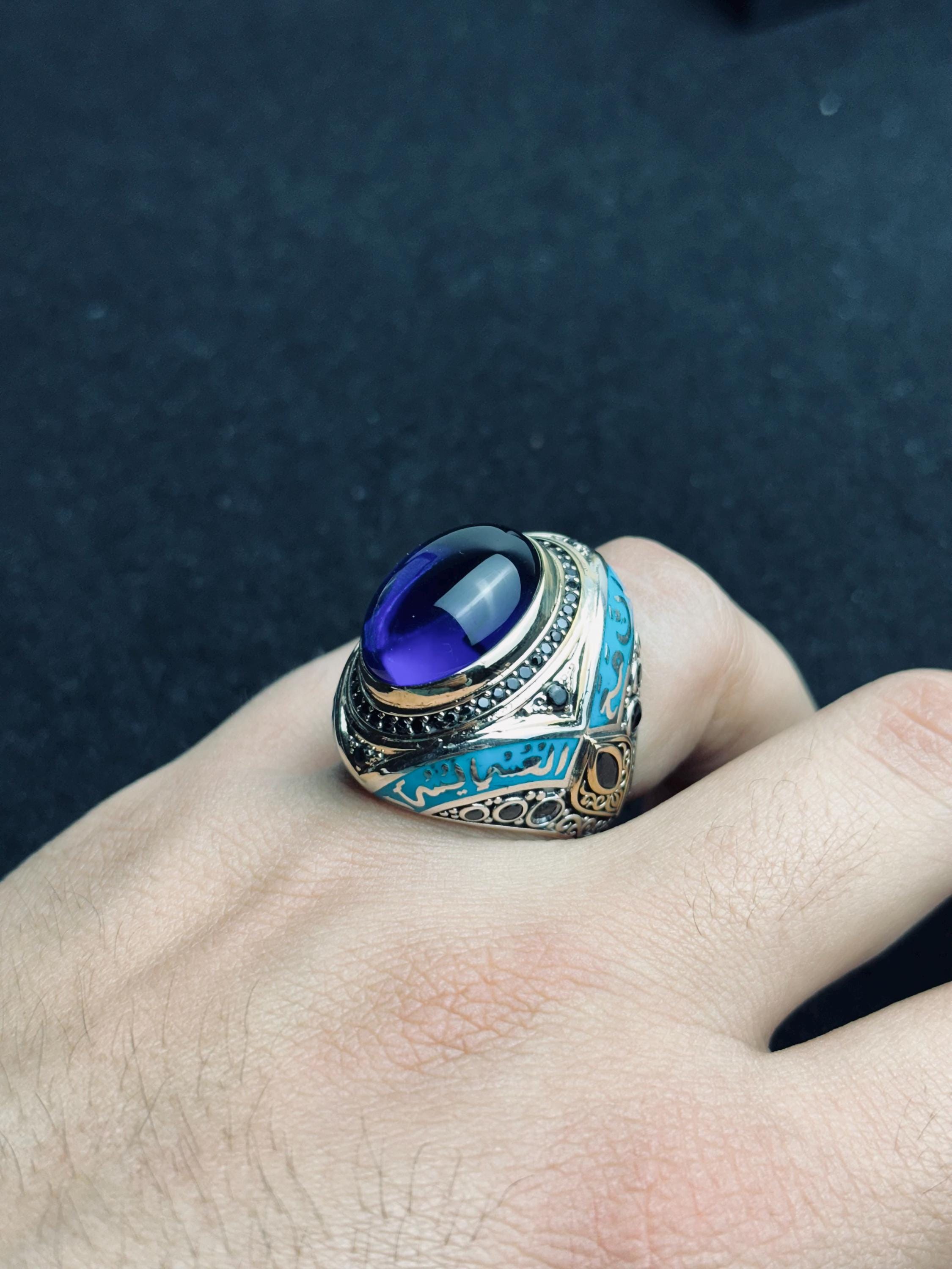 Islamic Silver Ring: Blue Zircon Oval Stone (Handmade Turkish Jewelry)