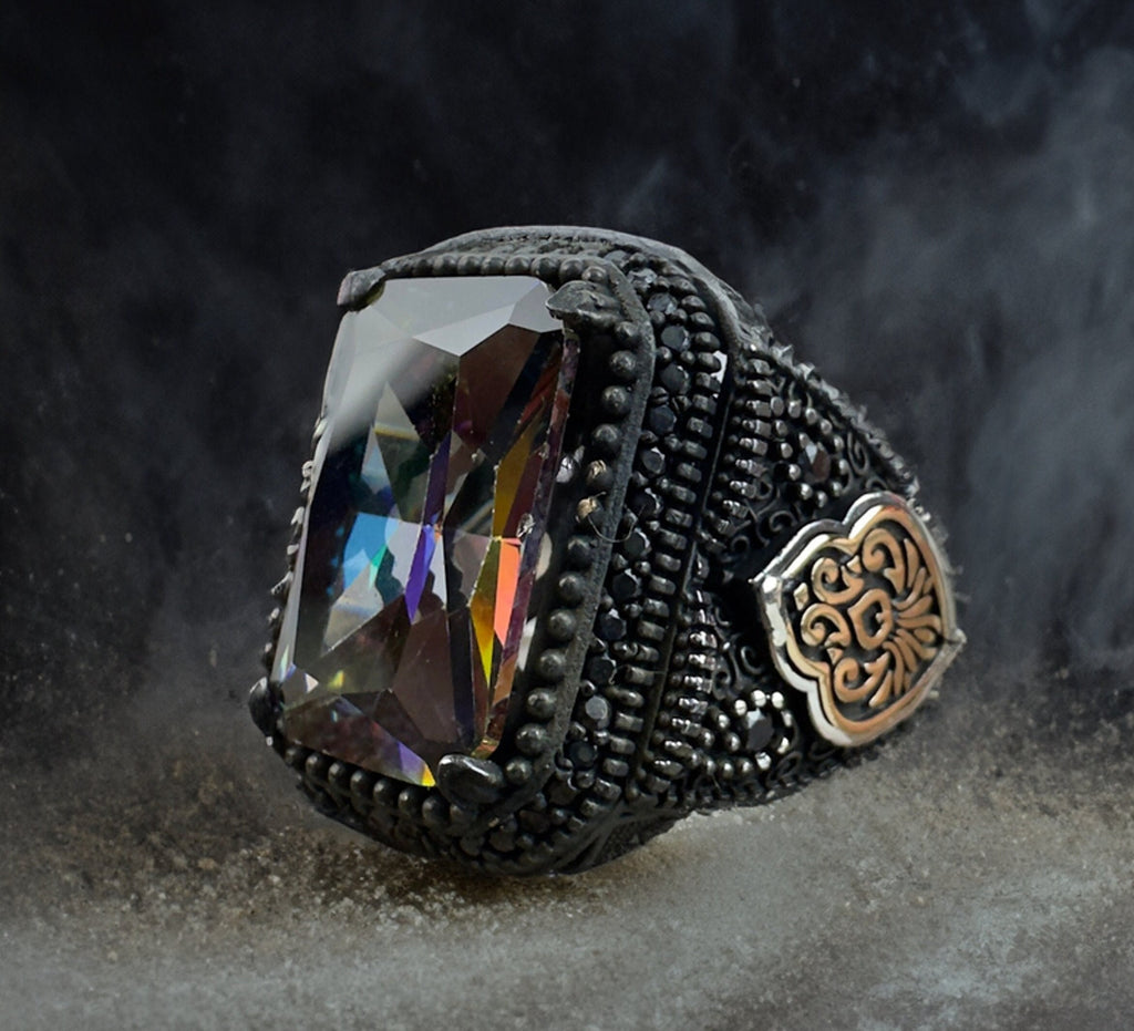 Men's Mystic Topaz Ring: Handmade Sterling Silver (Signet Style)
