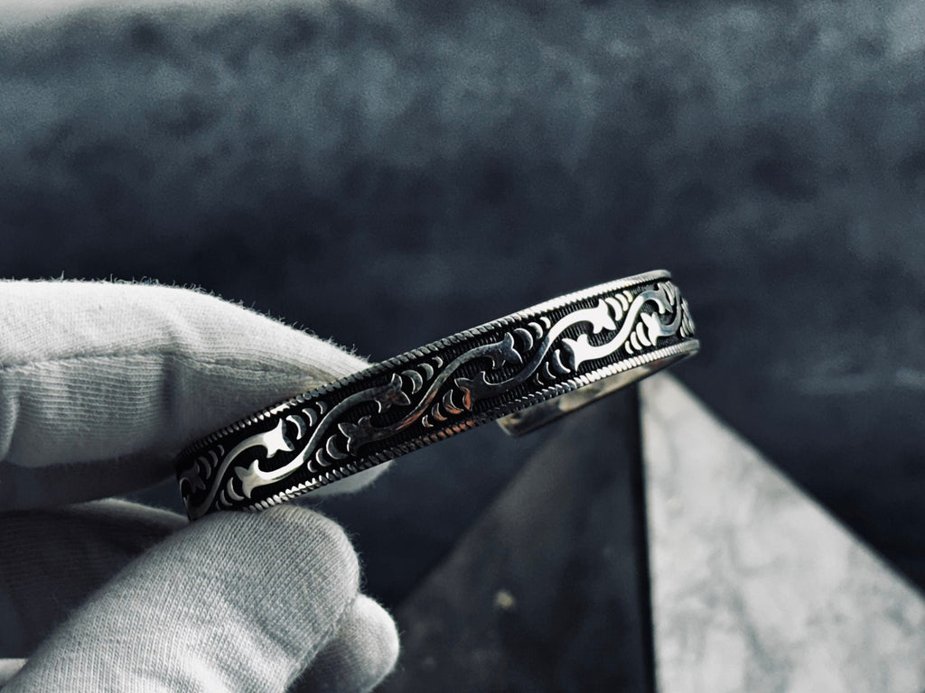 Sterling Silver Cuff Bracelet, Embroidered Pattern Handmade (Adjustable Size)