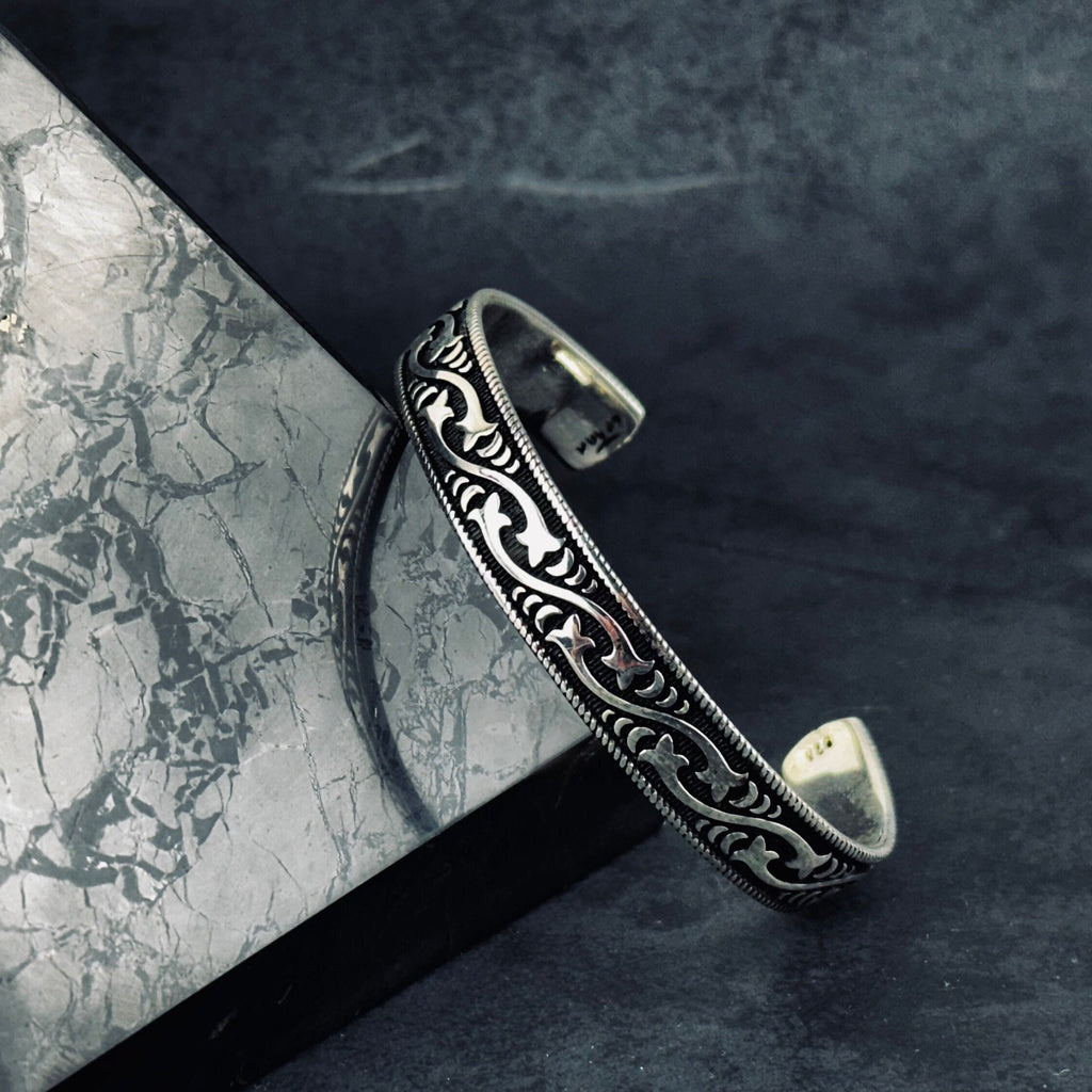Sterling Silver Cuff Bracelet, Embroidered Pattern Handmade (Adjustable Size)