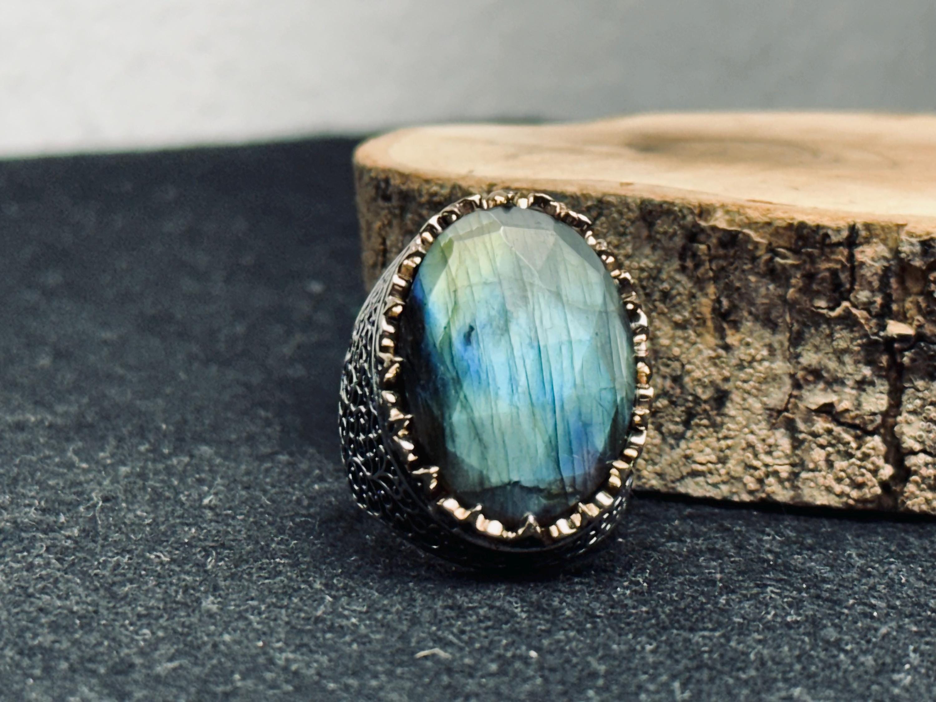 Labradorite Statement Ring: Meteorite Stone - Sterling Silver Handmade