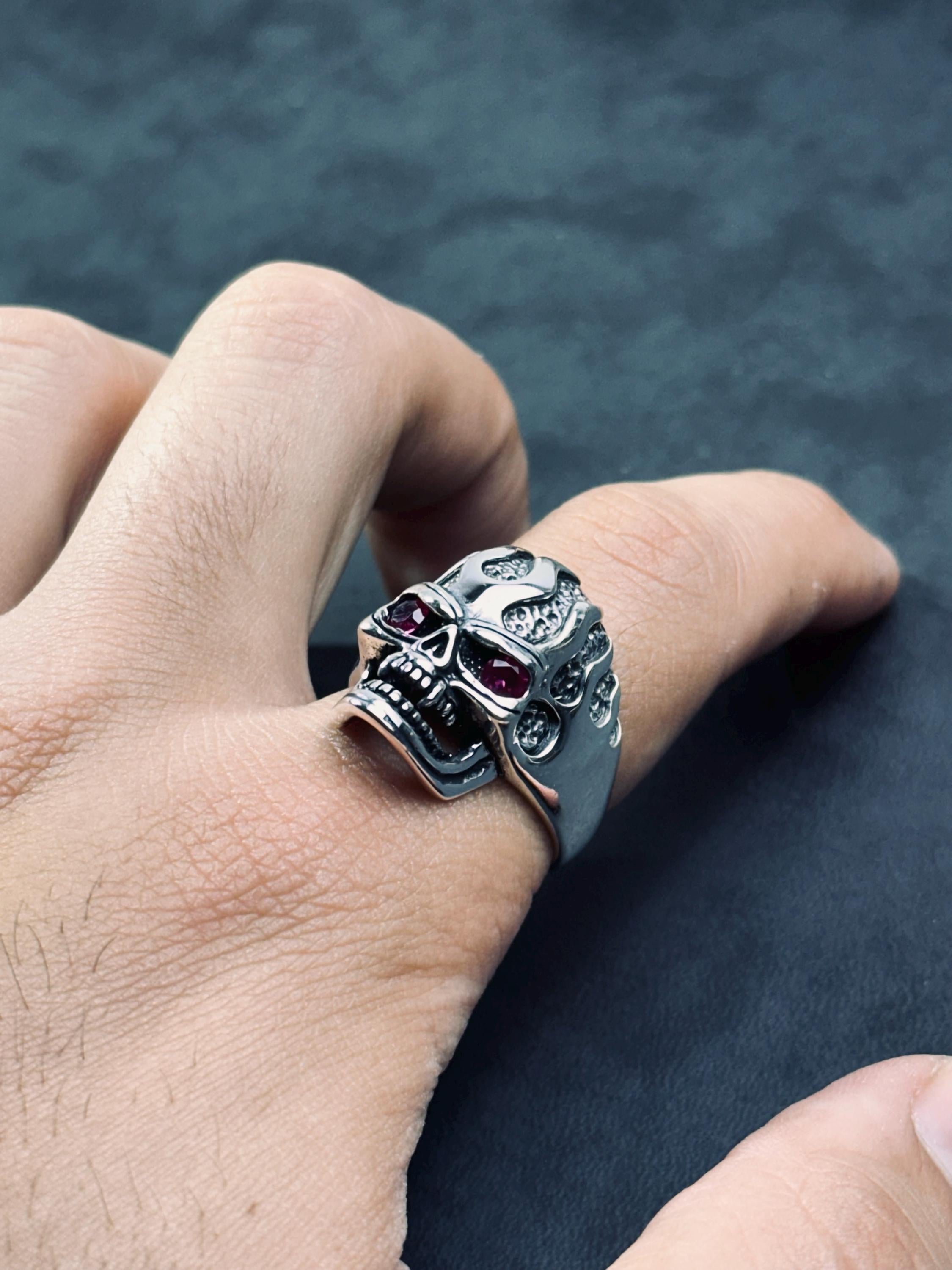 Skull Ring: Gothic Sterling Silver - Cubic Zirconia Accent