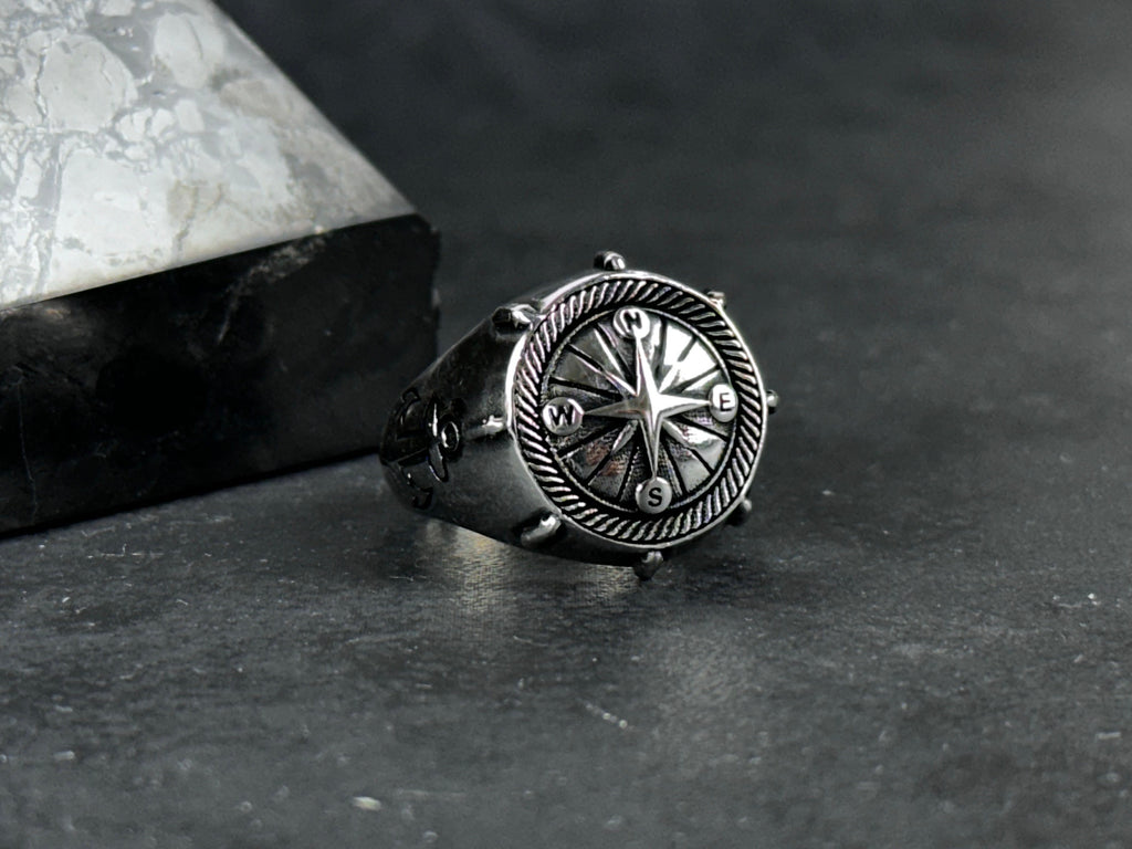 Sterling Silver Compass Ring: Sailor Design - Engraved Anchor Detail