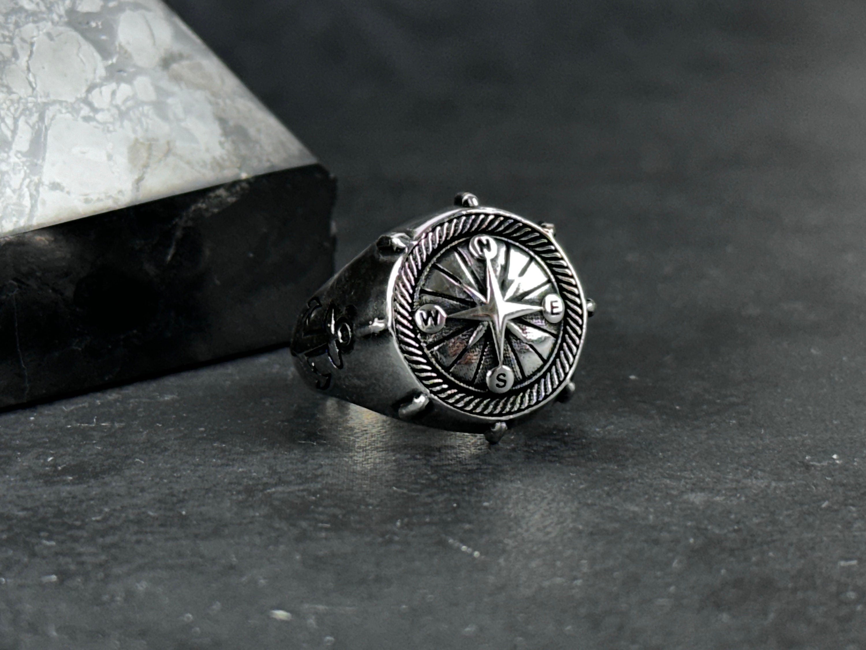 Sterling Silver Compass Ring: Sailor Design - Engraved Anchor Detail