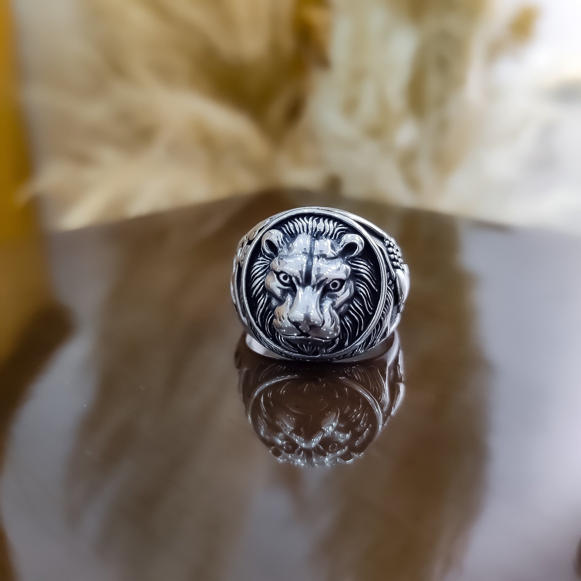 Lion Head Sterling Silver Ring, Green Agate Mystic (Men's Size 7)