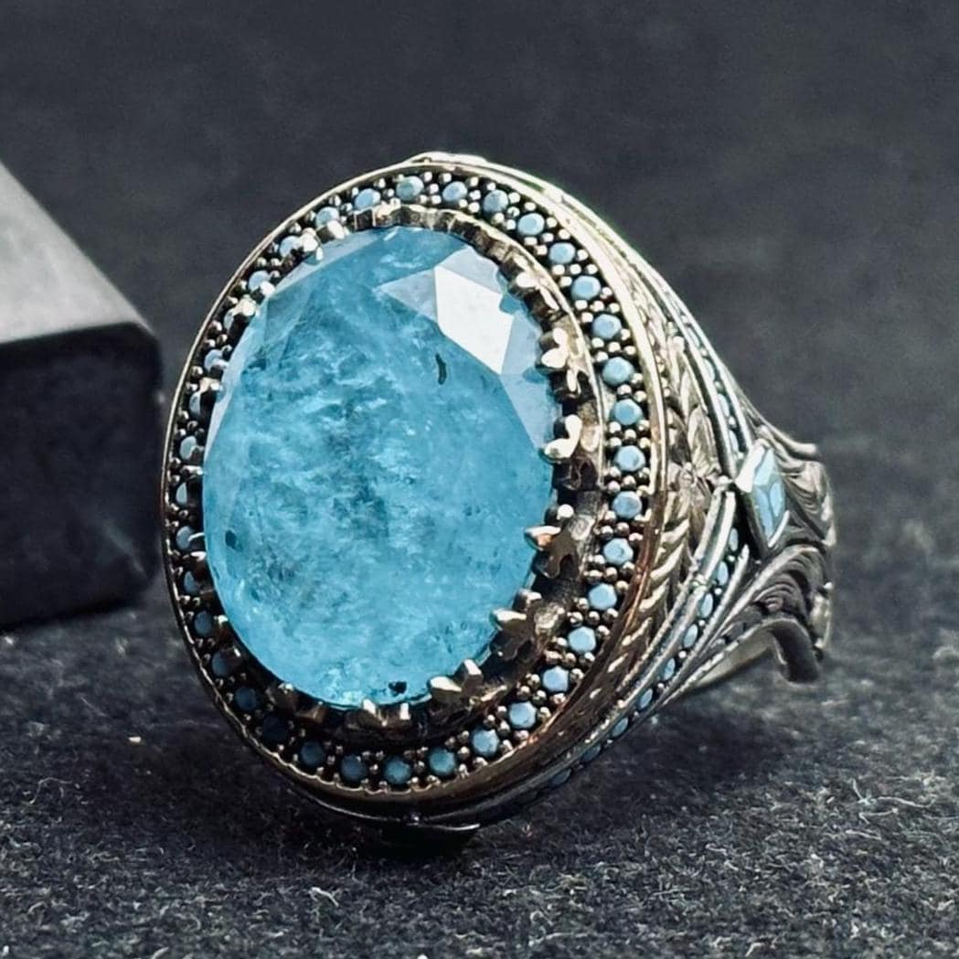 Men's Sterling Silver Signet Ring, Oval Aquamarine & Blue Paraiba (Handmade)