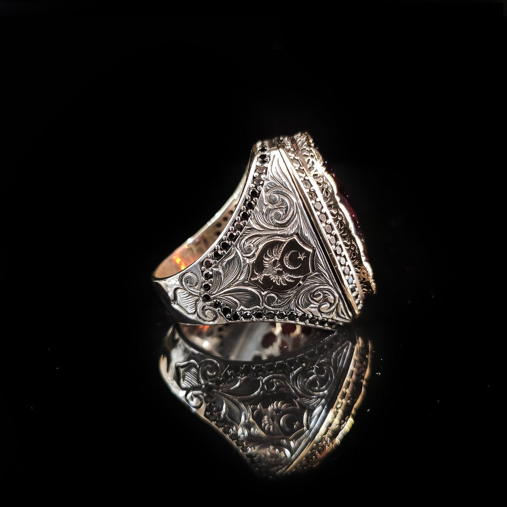 Red Zircon Men's Ring: Handmade 925 Sterling Silver Statement