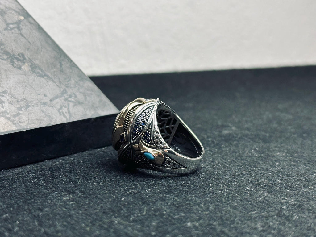 Men's Sterling Silver Ring: Blue Zircon Stone - Handmade Turkish Design