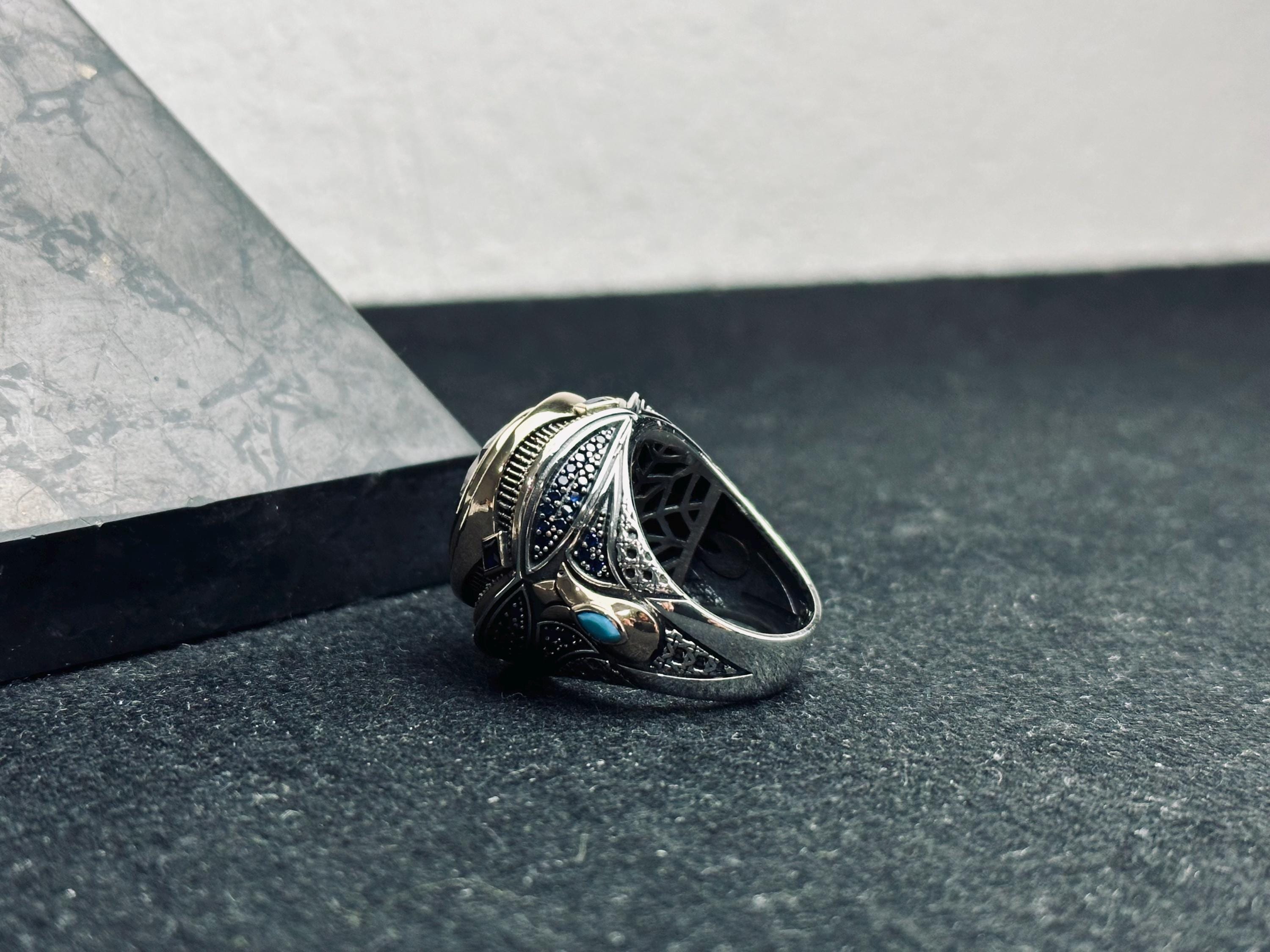 Men's Sterling Silver Ring: Blue Zircon Stone - Handmade Turkish Design