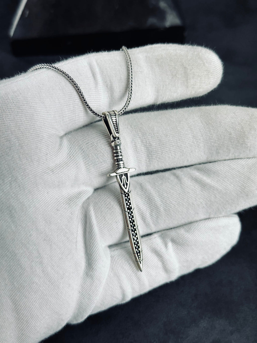 Viking Sword Necklace: Silver Pendant with Zircon Stones