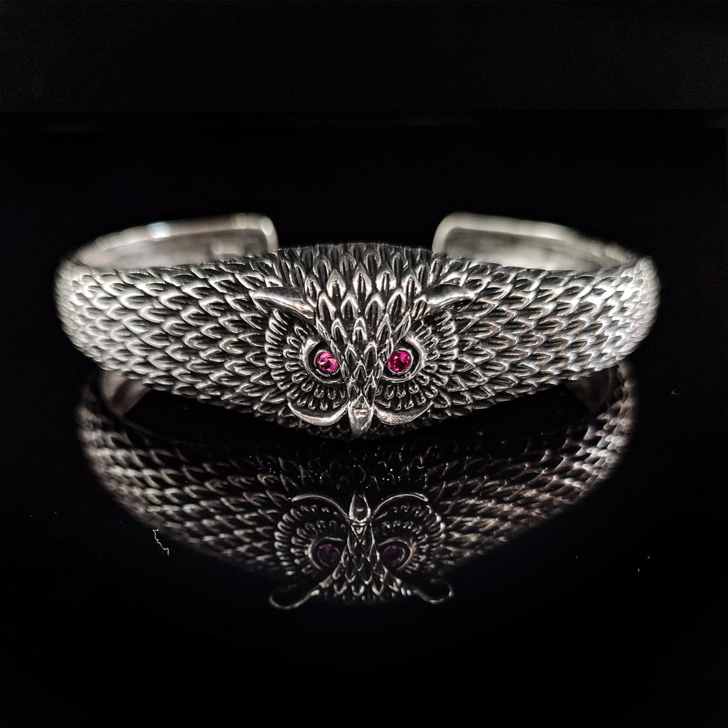 Sterling Silver Owl Cuff Bracelet (Handmade, Adjustable Size)