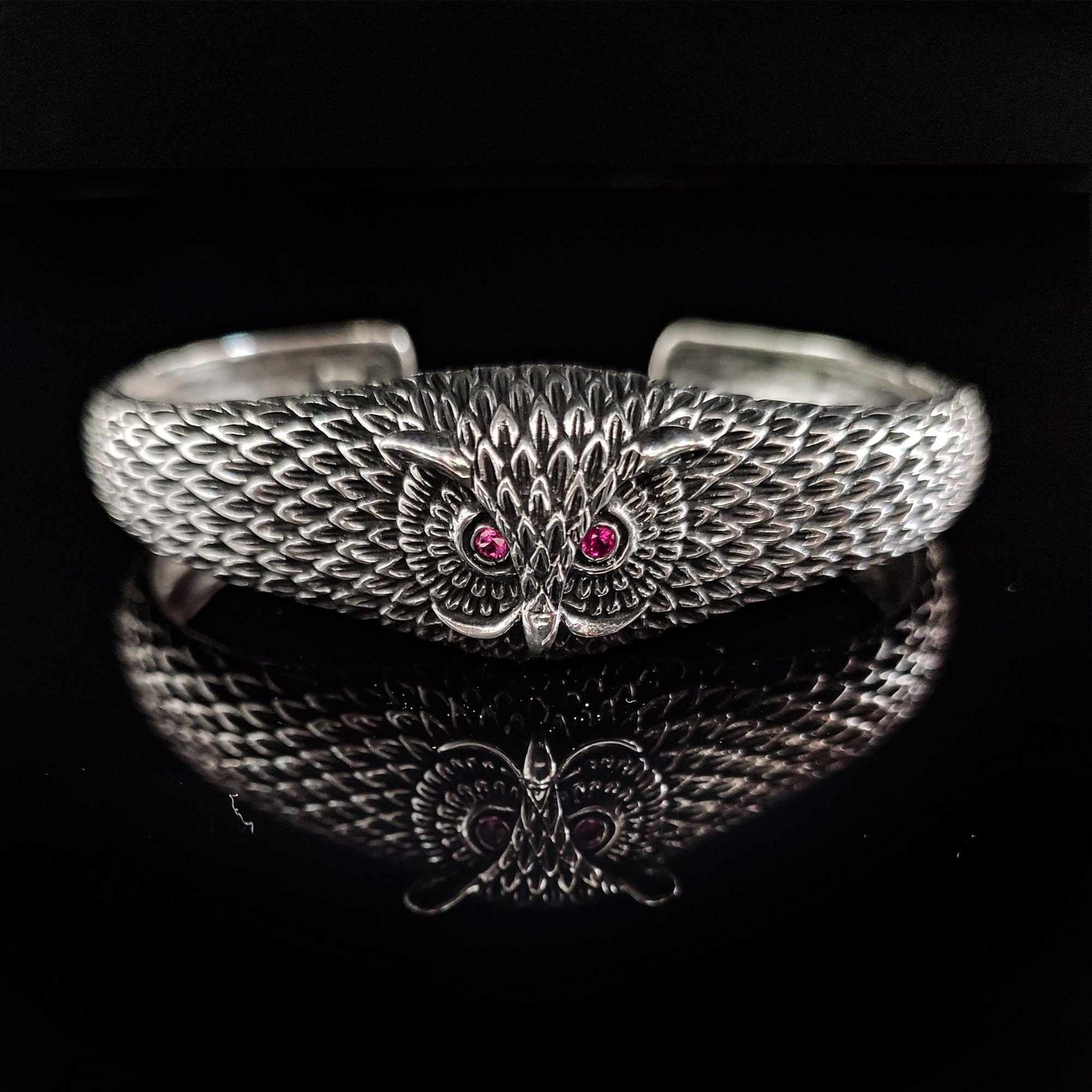 Sterling Silver Owl Cuff Bracelet (Handmade, Adjustable Size)