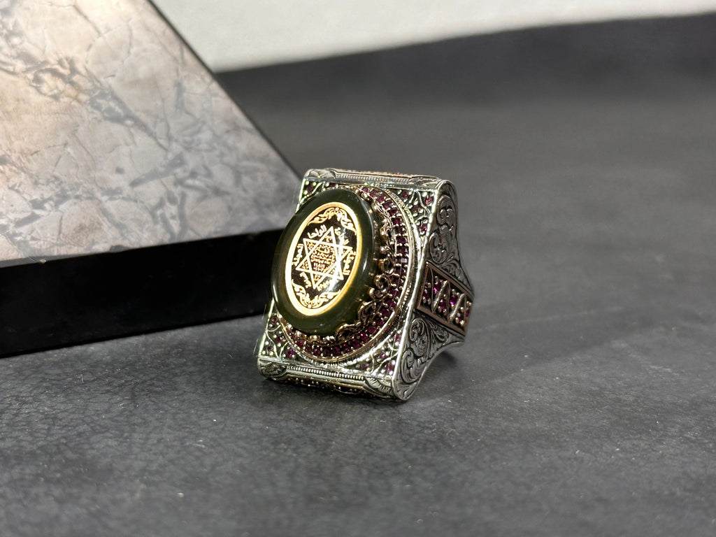 Green Amber Solomon Ring: Sterling Silver, Big Men's Signet