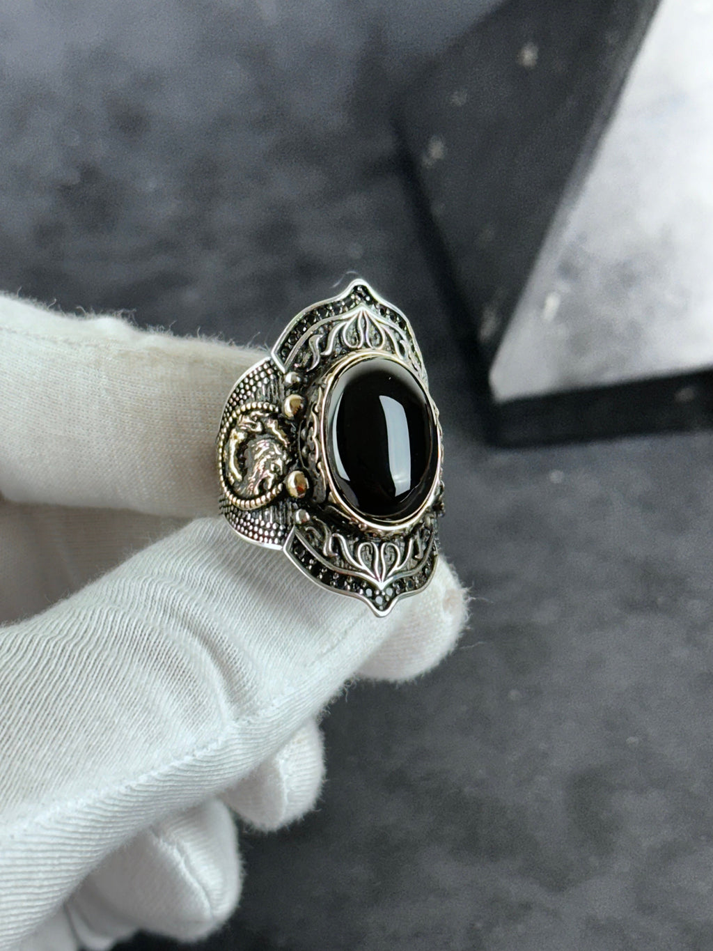 Archer Ring: Sterling Silver with Onyx Stone - Adjustable Statement Piece