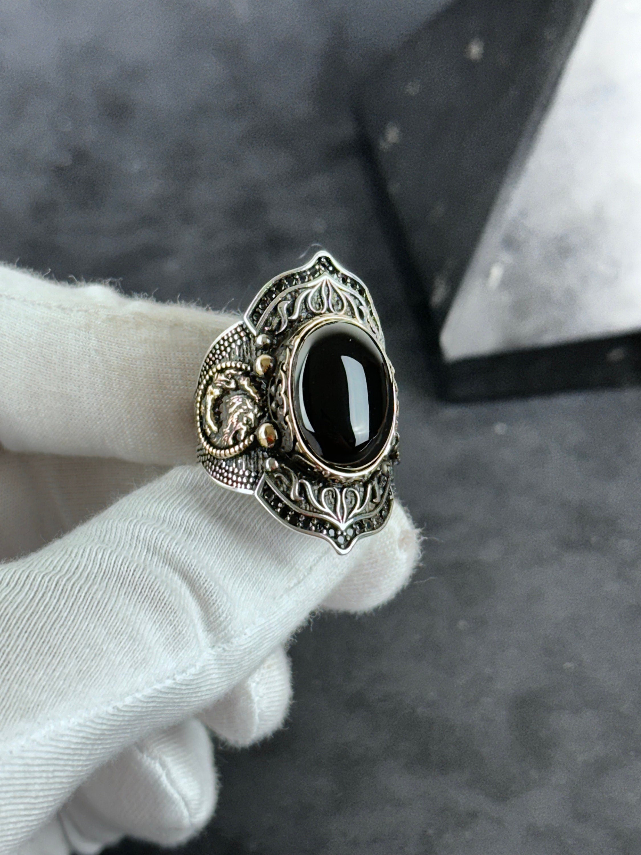 Archer Ring: Sterling Silver with Onyx Stone - Adjustable Statement Piece