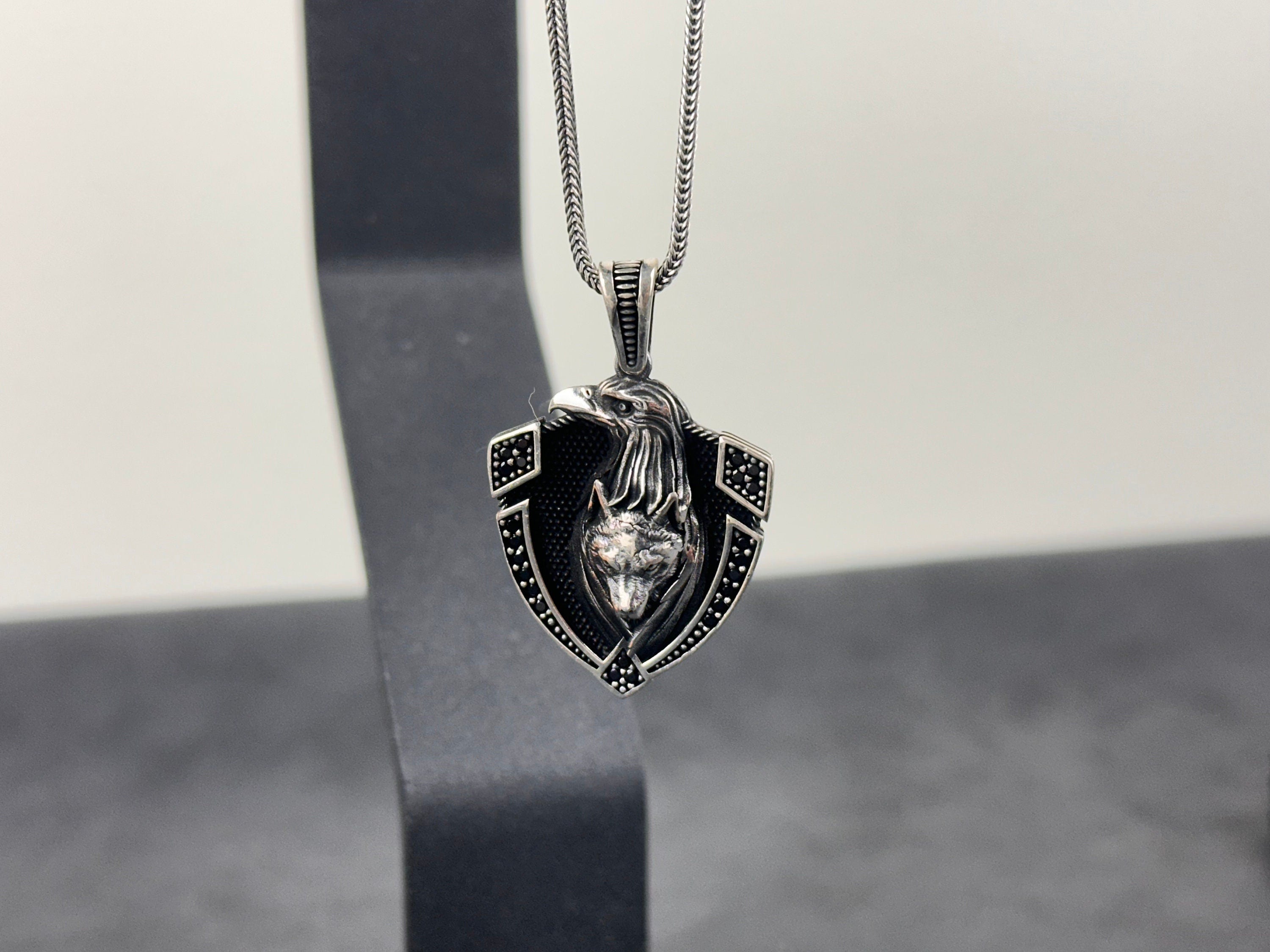 Wolf Head Shield Necklace: Sterling Silver Layered Pendant