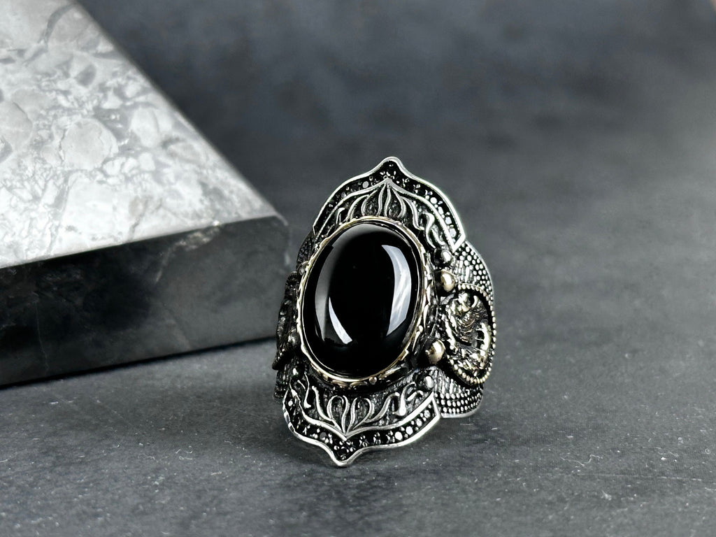 Archer Ring: Sterling Silver with Onyx Stone - Adjustable Statement Piece