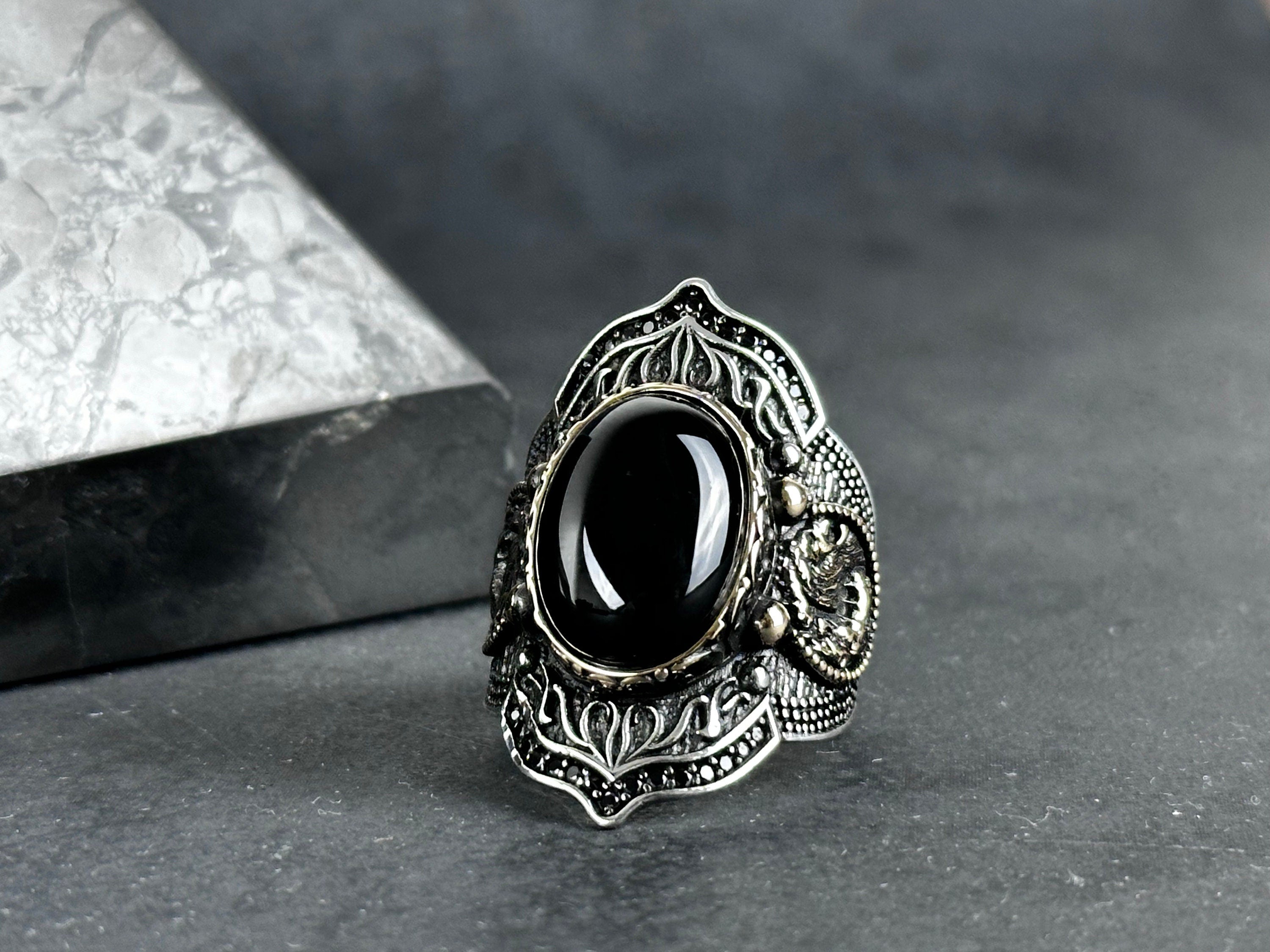 Archer Ring: Sterling Silver with Onyx Stone - Adjustable Statement Piece