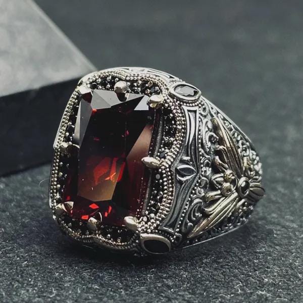 Men's Statement Ring: Square Aquamarine and Eagle Heads (Sterling Silver)